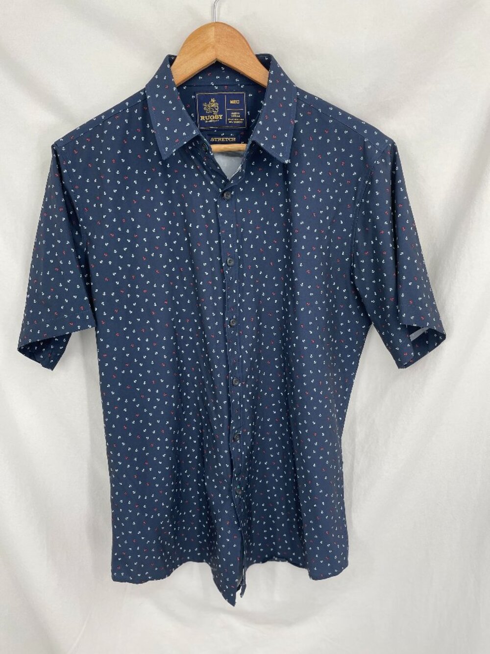 Rugby Men's Blue with Sailor Anchors Design Short Sleeve Button Front Shirt